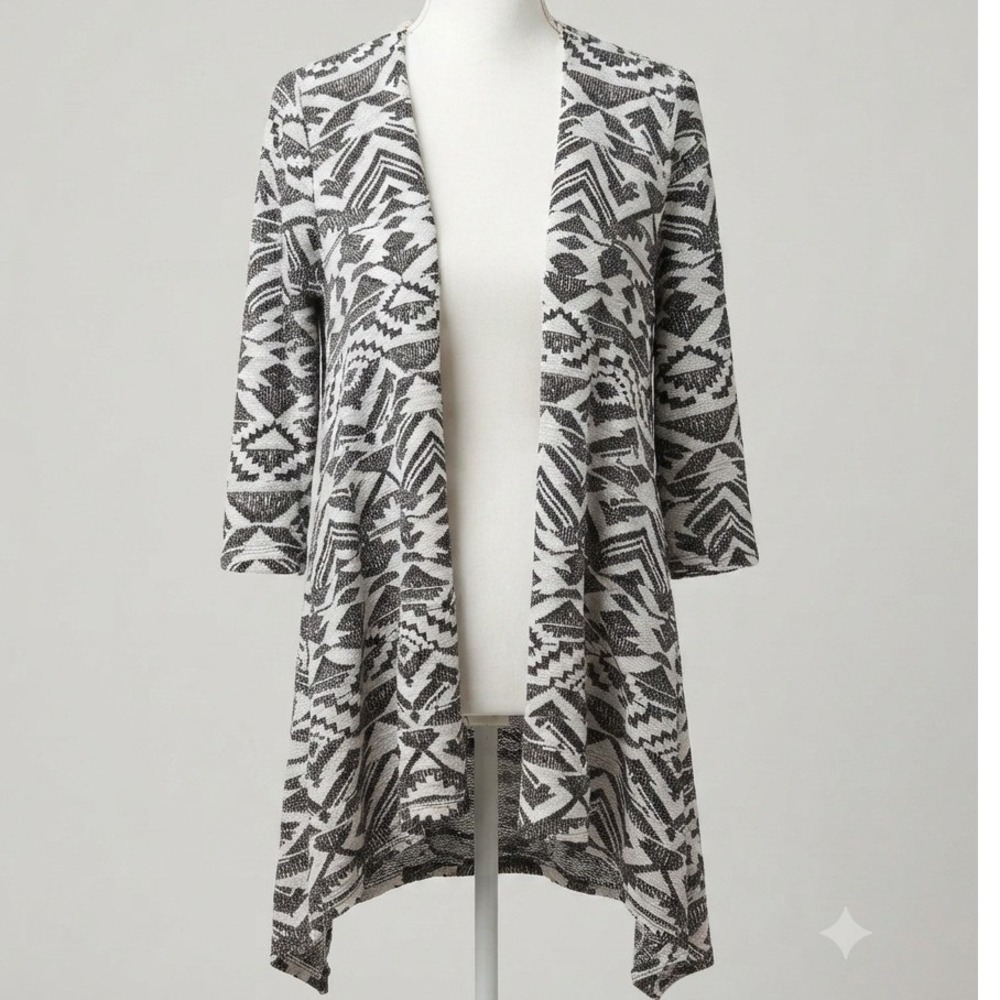 Est 1946 Womens Black White Geometric Tribal Open Front Cardigan Sweater Small
